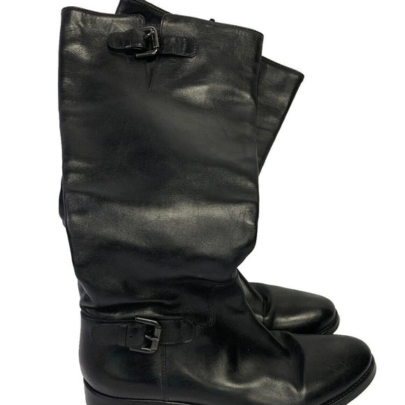 Italian Goth Black Leather Moto Riding Knee High Calf Boots Women's US 7.5 - Picture 7 of 9